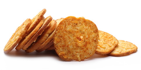 Pizza flavored baked crispy bread rusks, snacks isolated on white background