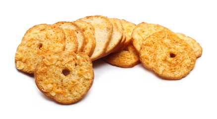 Pizza flavored baked crispy bread rusks, snacks isolated on white background