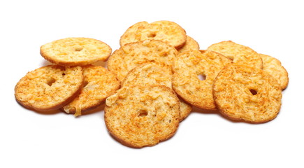 Pizza flavored baked crispy bread rusks, snacks isolated on white background