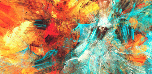 Helle künstlerische Spritzer. Abstrakte Malerei Farbtextur. Modernes futuristisches Muster. Blauer, roter und gelber dynamischer Hintergrund. Fraktale Grafik für kreatives Grafikdesign © Alena