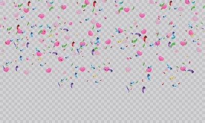 Colorful confetti on a beautiful background of hearts. Festive vector illustration.