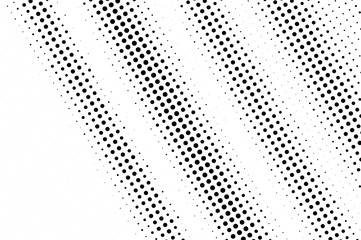 Black on white noisy halftone texture. Diagonal dotwork gradient. Distressed dotted vector background