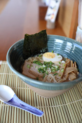 Ramen Japanese noodle soup food with noodle pork egg seaweed