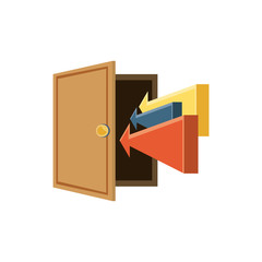 wooden door open with arrows