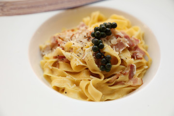 Pasta Carbonara with bacon and cheese , Italian food
