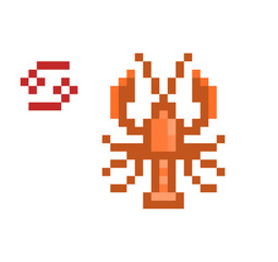 8 bit pixel art Cancer Zodiac sign icon isolated on white background. Astrological symbol. Esoteric science logo. Horoscope emblem.