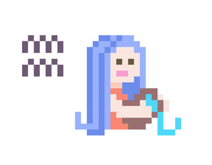 Obraz premium Aquarius Zodiac sign icon, 8 bit pixel art blue-haired water-bearer girl with a jar isolated on white background. Astrological symbol. Esoteric science logo. Horoscope emblem.