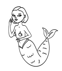 Beautiful attractive mermaid swimming,  black outline cartoon character isolated on white background. Water nymph. Girl with a fishtail. Fantastic folklore creature. Coloring book page.