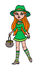 Ginger leprechaun woman in a short green dress and a hat walking with a pot of gold, cartoon saint patrick's day Irish folklore character illustration isolated on white background.