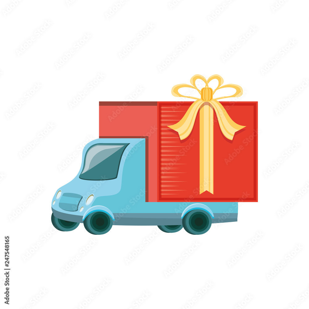 Poster delivery service truck with gift