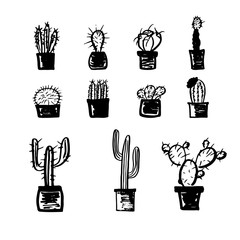 Set of marker hand drawn cactus in the pots. Vector illustration. © ANGELINA