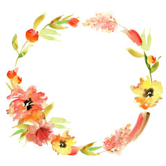 Cute watercolor hand painted wreath with red and yellow flowers. Invitation. Wedding card. Birthday card