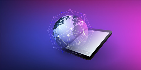 Cloud Computing Design Concept with Earth Globe and Tablet PC - Digital Network Connections, Technology Background, Vector Design 
