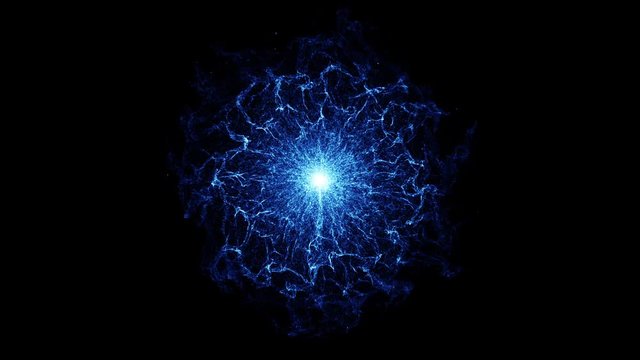 Blue electric explosion nuclear fire. Flare partical abstraction