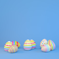 Frohe Ostern - 8 farbenfrohe, bemalte Ostereier auf blauen Hintergrund - Textfreiraum - Oster