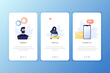 Startup, Support, Contact us. Set of onboarding screens user interface kit. Mobile application templates. Website, web page. Modern UX, UI. Flat business concept vector illustration.