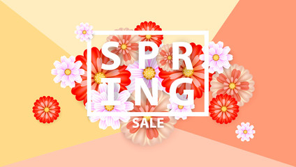 Spring Sale typography banner with flowers in realistic style on creative background. Invitation, posters, brochure, voucher discount. Vector illustration design