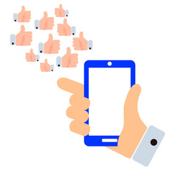 Flat illustration of a hand with a mobile phone from which exit signs and icons of approval