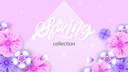 Spring in lettering style banner with flowers in realistic style on creative background. Invitation, posters, brochure, voucher discount. Vector illustration design