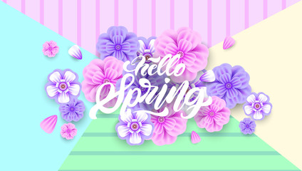 Hello Spring lettering banner with flowers in realistic style on creative background. Invitation, posters, brochure, voucher discount. Vector illustration design