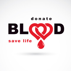 Save life and donate blood, rehabilitation conceptual vector illustration created using heart shape and blood drops.