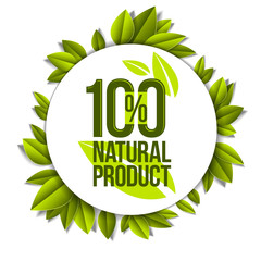 Organic food, natural product badge, 100 percent natural design element, organic products promotion, vector design made in paper cut realistic style.