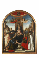 Madonna and Child on the throne crowned by two angels, with God the Father, Saint Jerome, Agnes, Lucia, Catherine of Alexandria, Ursula, and Bernard of Clairvaux