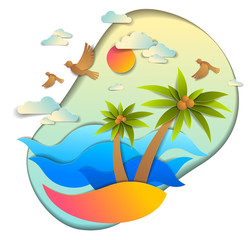 Fototapeta na wymiar Beautiful seascape with sea waves, beach and palms, birds clouds and sun in the sky, vector illustration in paper cut style, seashore summer beach holidays theme.