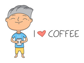 Vector line poster. I love coffee. Man with a cup of coffee