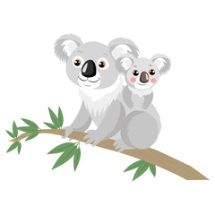 Mother And Baby Koala Bear On Wood Branch With Green Leaves. Australian Animal Funniest Koala Sitting On Eucalyptus Branch. Cartoon Vector Illustration.