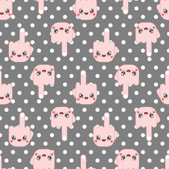 Fuck kawaii pattern seamless Cute cartoon. Funny Bad gesture background. Sweet Middle finger up vector ornament texture