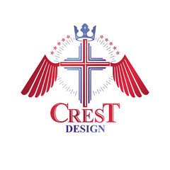Cross Religious graphic emblem created using imperial crown and angel wings, Christian crucifixion. Heraldic Coat of Arms, vintage vector logo isolated on white background.