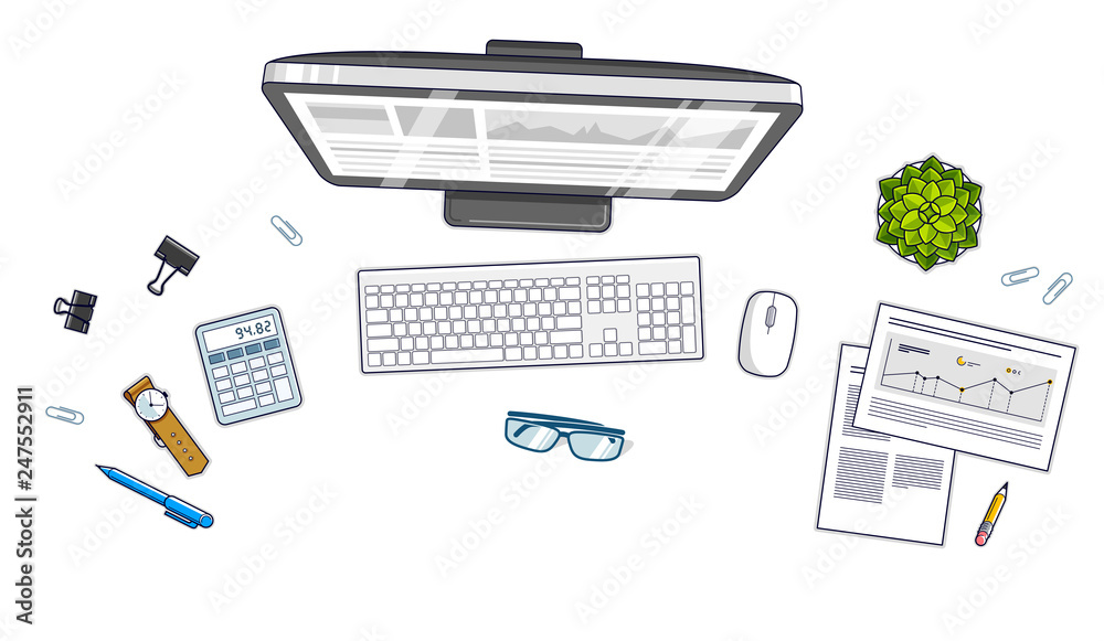 Fototapete Work desk workspace top view with PC computer and a lot of different stationery objects on table isolated, look above. All elements are easy to use separately or recompose the illustration. Vector.