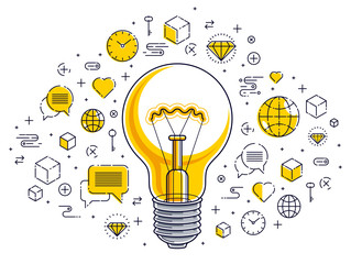 Fototapeta na wymiar Shining light bulb and set of icons, business idea creative concept, e-commerce allegory, internet business, marketplace or online shop, vector illustration.