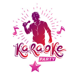 Karaoke party advertising poster composed with stage or recorder microphone vector illustration and musical notes. Superstar performance advertising announcement, feel yourself like a star.