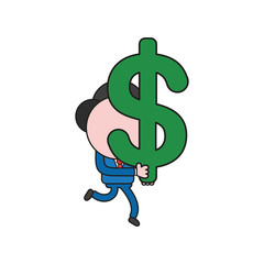Vector businessman character running and carrying dollar symbol. Color and black outlines.