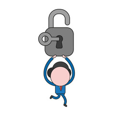 Vector businessman character running and carrying open padlock with key. Color and black outlines.