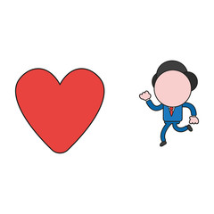 Vector businessman character running to heart. Color and black outlines.