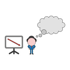 Vector businessman character with blank thought bubble and sales chart arrow moving down. Color and black outlines.