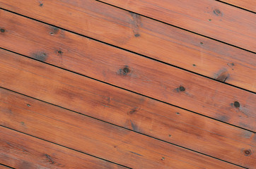Varnished wood background from cabin exterior. Brown wood barn plank