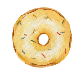 Watercolor yellow donut with sprinkles isolated on white background.