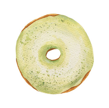 Watercolor Green Donut With Sprinkles Isolated On White Background.