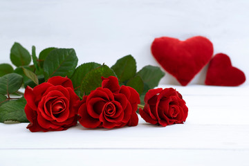 Red rose flowers and two hearts for Valentines Day