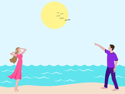 Young man showing to girl birds in the sky. Romantic couple walking on the beach. Man and woman on the walk looking up in sky. Boy and girl in casual clothes: purple female dress, violet male t shirt