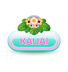 Rounded and glossy Hawaiian button with traditional polynesian floral decoration and lettering Kauai.