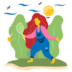 Fototapeta na wymiar The girl plays tennis outdoors. Illustration in flat style.