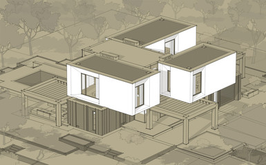 3d rendering sketch of modern cozy house in garden with garage for sale or rent. Black line sketch with white spot and hand drawing entourage on craft background.