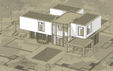3d rendering sketch of modern cozy house in garden with garage for sale or rent. Black line sketch with white spot and hand drawing entourage on craft background.