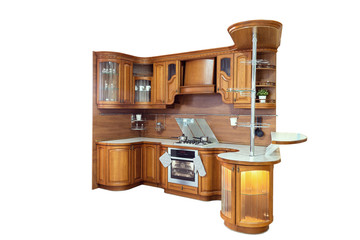 Classic wooden kitchen. The embodiment of modern design solutions Isolated on white background.