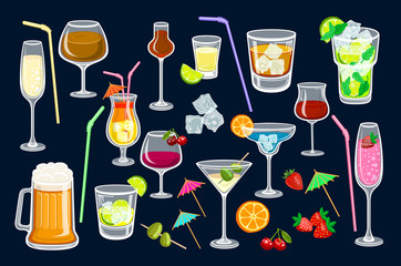 cocktails on black background. Vector illustration for web and print, party invitation or menu decoration, strawberry and Blueberry, Fresh Blackberry, Margarita classic and Moonlight set